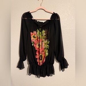 Sunny Leigh Black Sheer Blouse with Floral Print. Size Large.